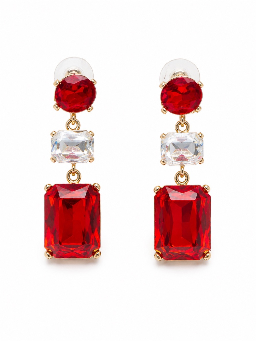 Title: Red & Clear Statement Drop Earrings Gold Tone Glam Rhinestone‎ Earrings